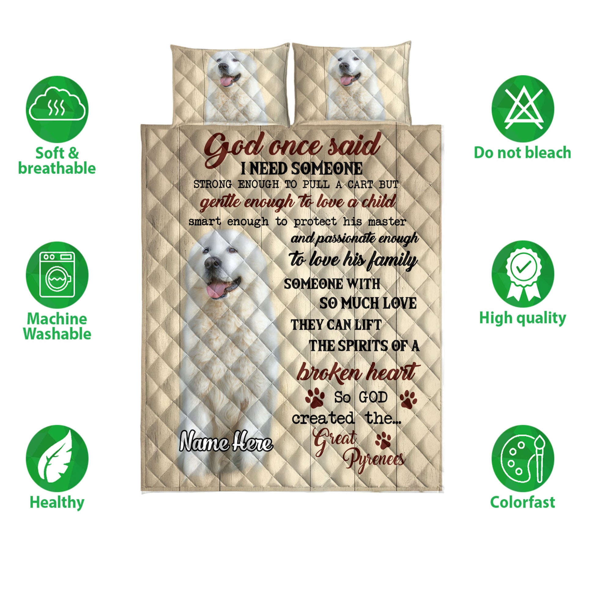 Great Pyrenees quilt bedding set shown flat with dog portraits, paw prints, and a heartfelt inspirational message