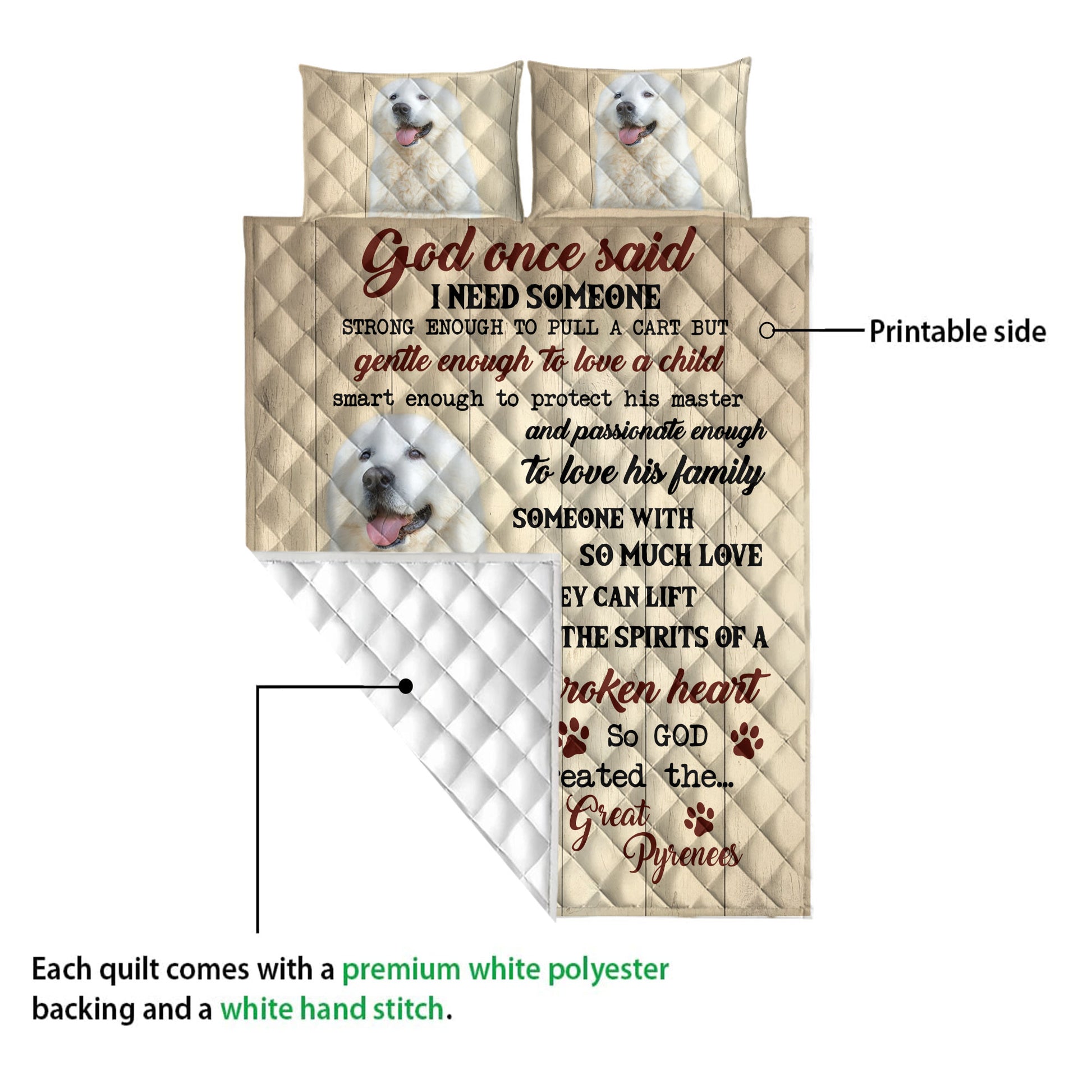 Close view of a Great Pyrenees quilt showing the printed front, white backing, dog portraits, and quilted stitching