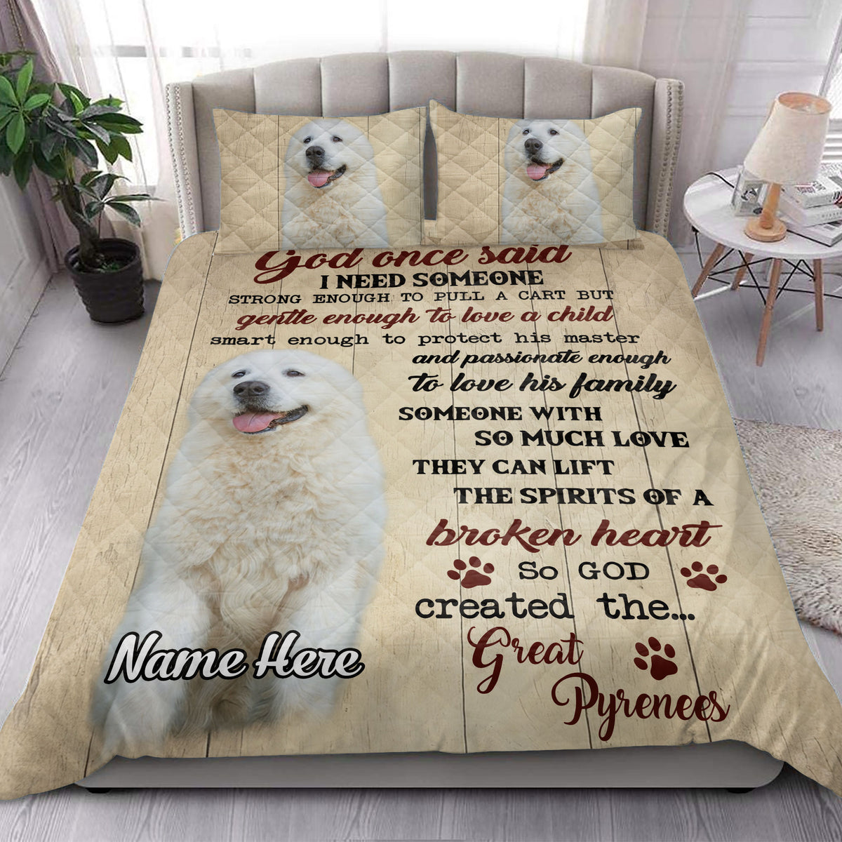 Great Pyrenees quilt blanket styled in a bright bedroom with matching dog portrait pillows and inspirational artwork