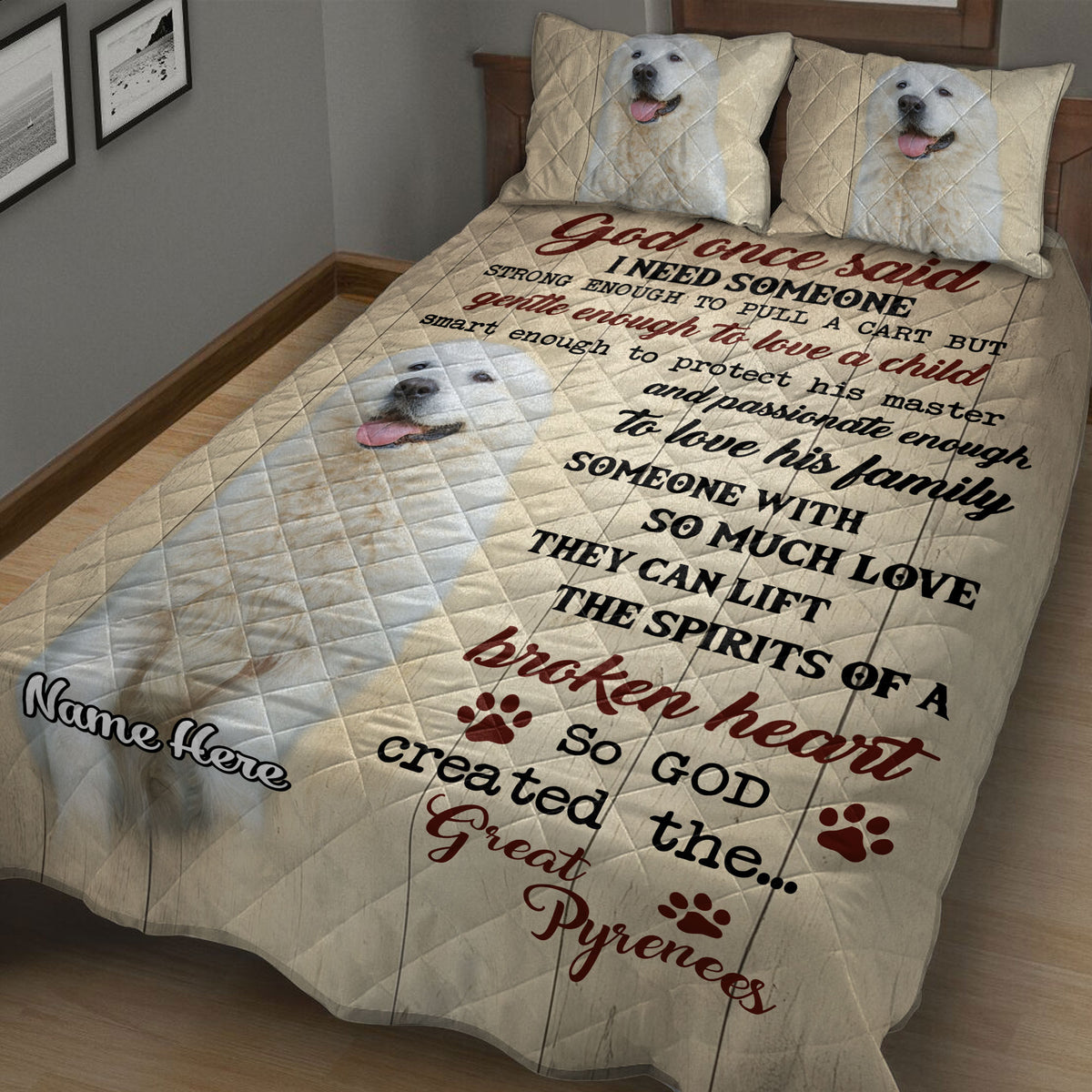 Great Pyrenees quilt bedding displayed at an angle with white dog portraits, paw prints, and cream and burgundy artwork