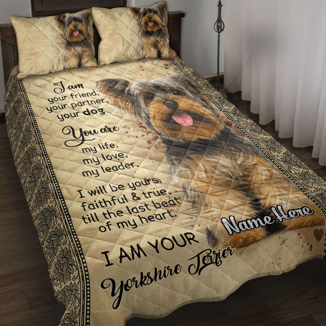 Yorkshire Terrier quilt blanket styled on a bed with matching dog portrait pillows and sentimental artwork