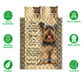 Yorkshire Terrier quilt bedding set displayed with matching pillows and soft, breathable care feature icons