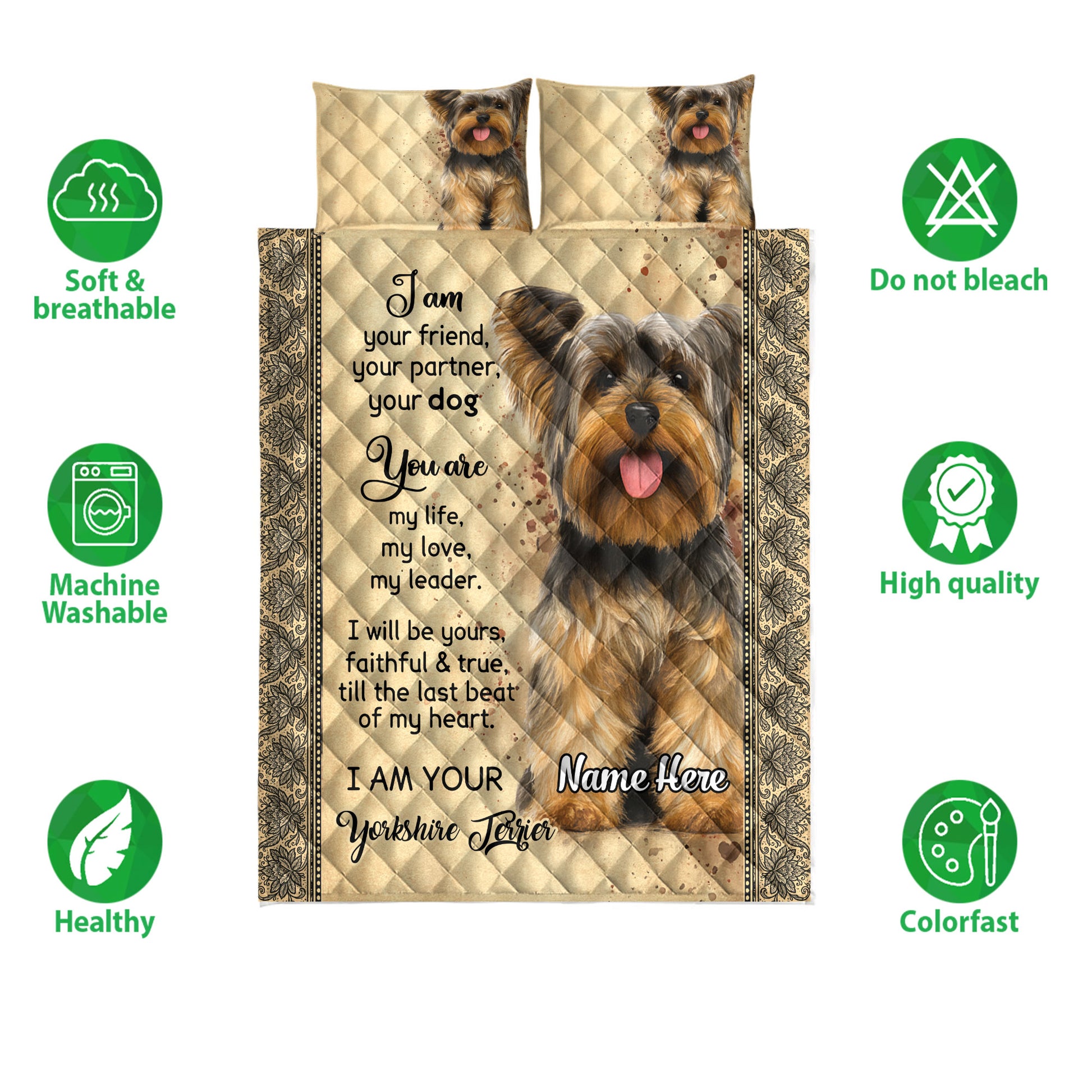 Yorkshire Terrier quilt bedding set displayed with matching pillows and soft, breathable care feature icons