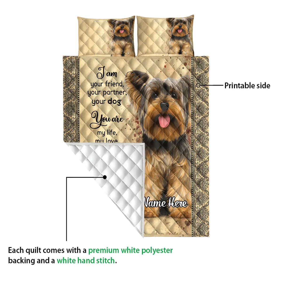 Yorkshire Terrier quilt showing the printed front and white quilted reverse in a product construction view