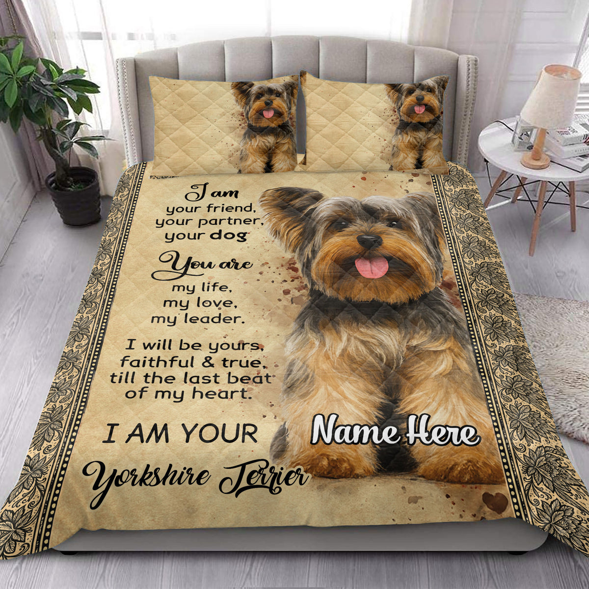 Yorkshire Terrier quilt blanket presented in a bright bedroom with matching dog portrait pillows