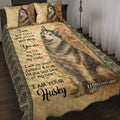 Husky quilt blanket displayed on a bed with matching dog artwork and an ornate floral border