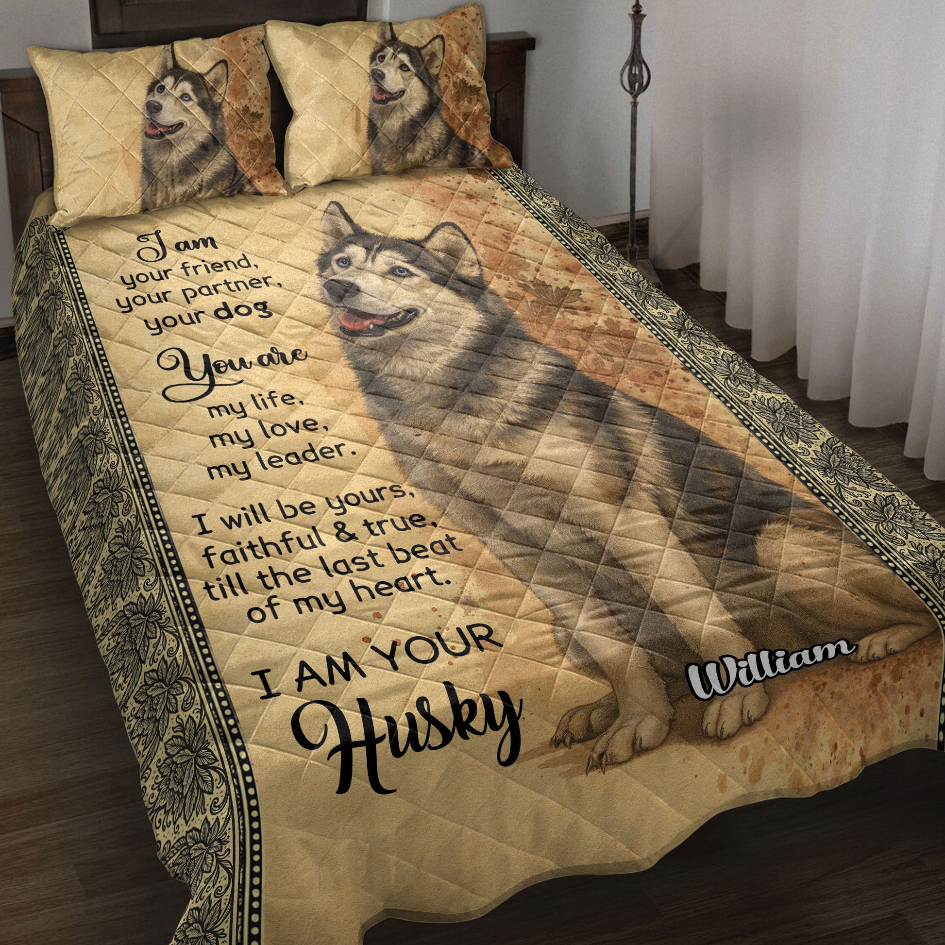 Husky quilt blanket displayed on a bed with matching dog artwork and an ornate floral border