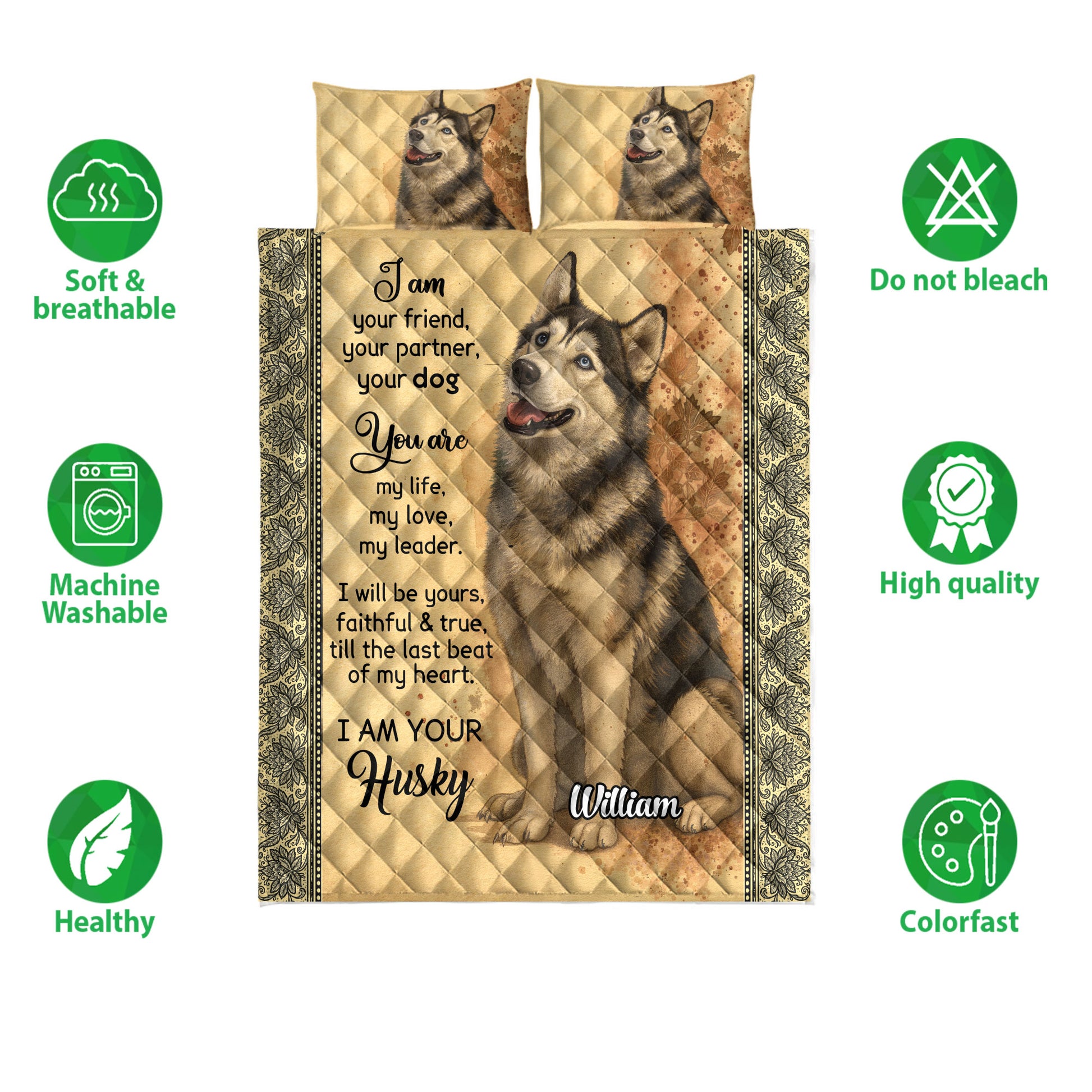 Husky quilt bedding set shown with dog portraits, floral detailing, and product feature icons