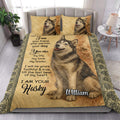 Husky quilt bedding set styled in a bright bedroom with coordinated dog portrait pillows