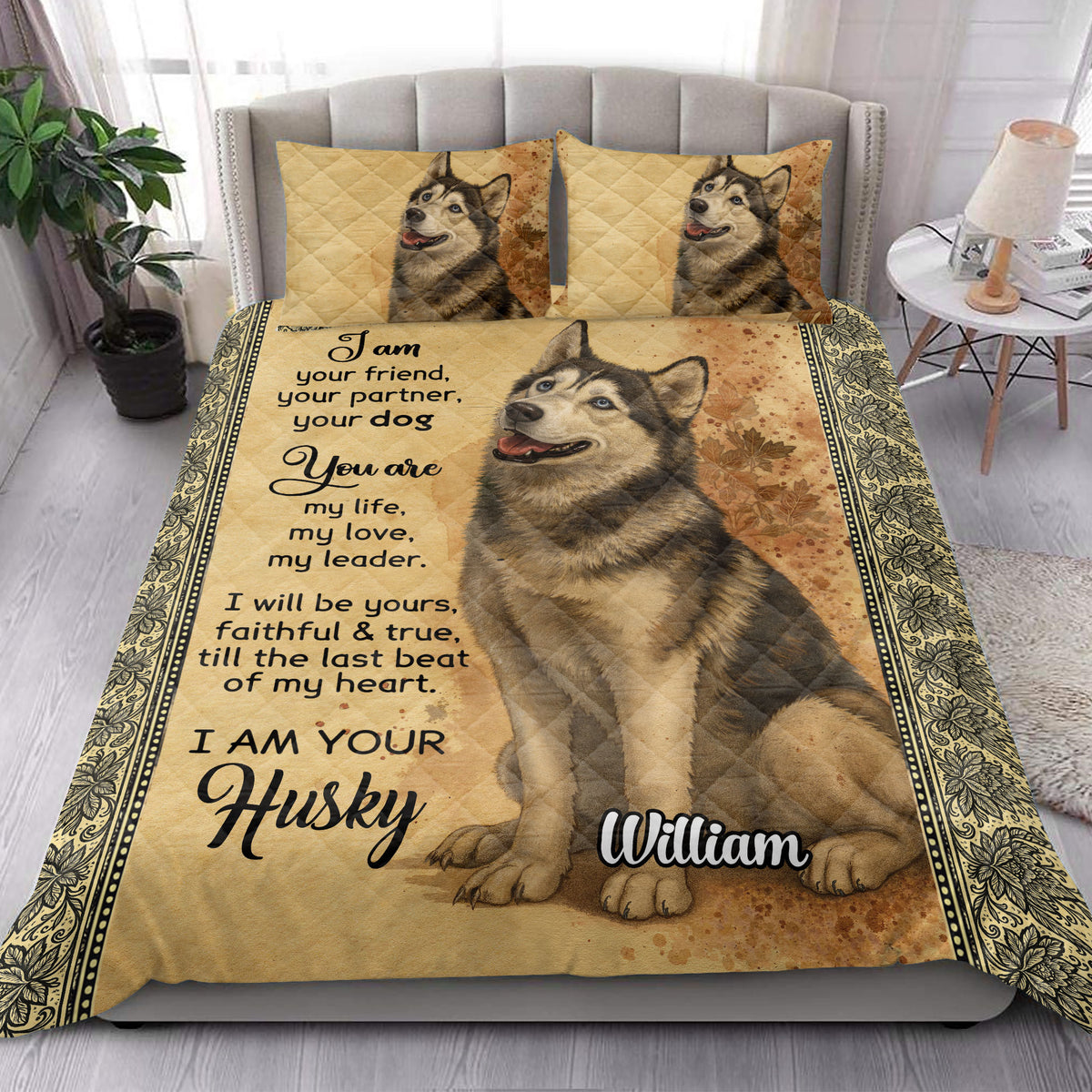 Husky quilt bedding set styled in a bright bedroom with coordinated dog portrait pillows
