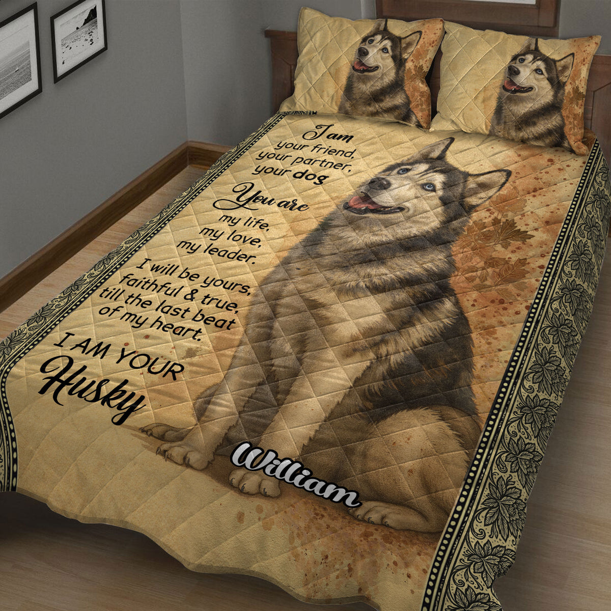 Close view of a husky quilt blanket with warm rustic colors, dog portrait, and floral border