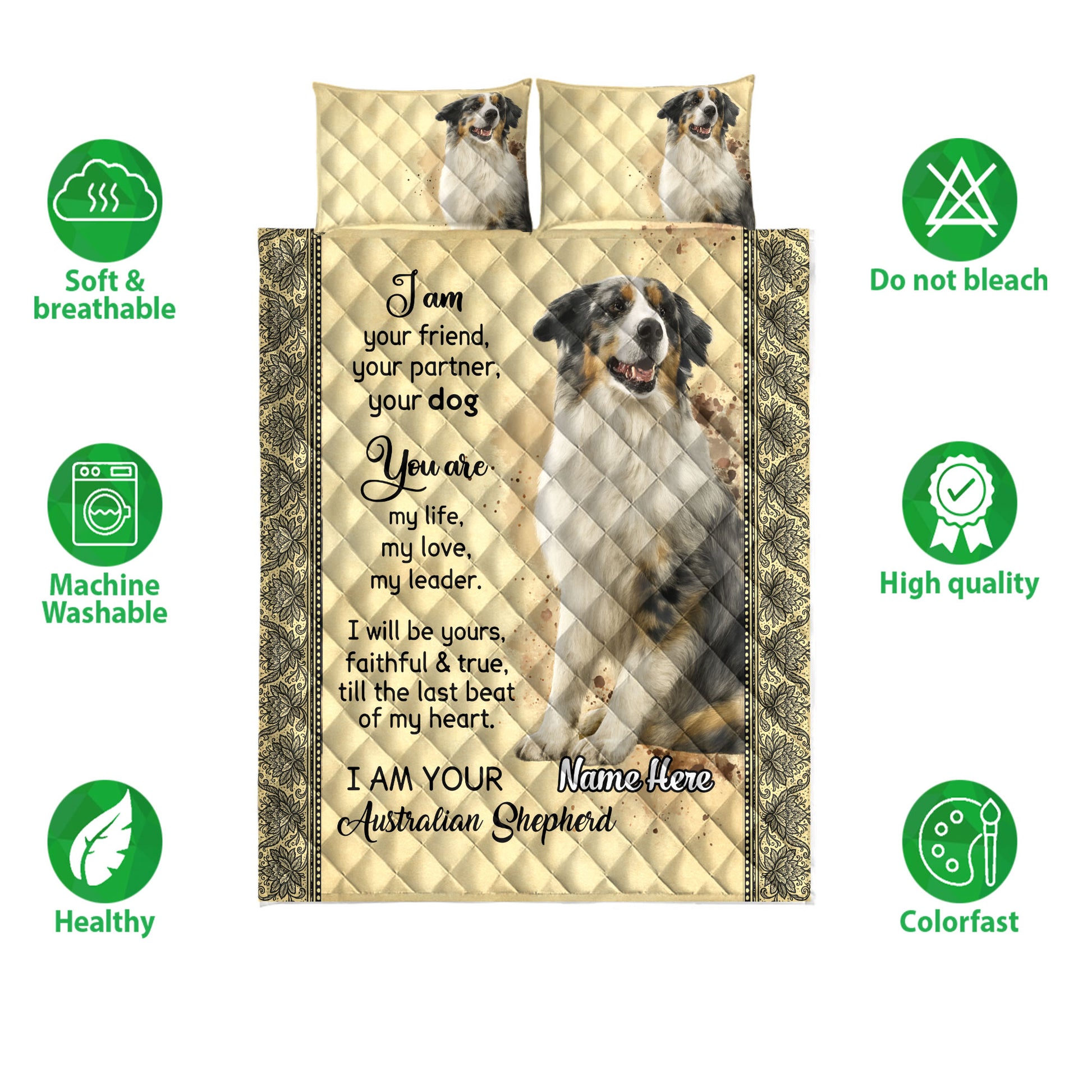 Australian Shepherd quilt bedding set shown with dog portraits, printed artwork, and product feature icons