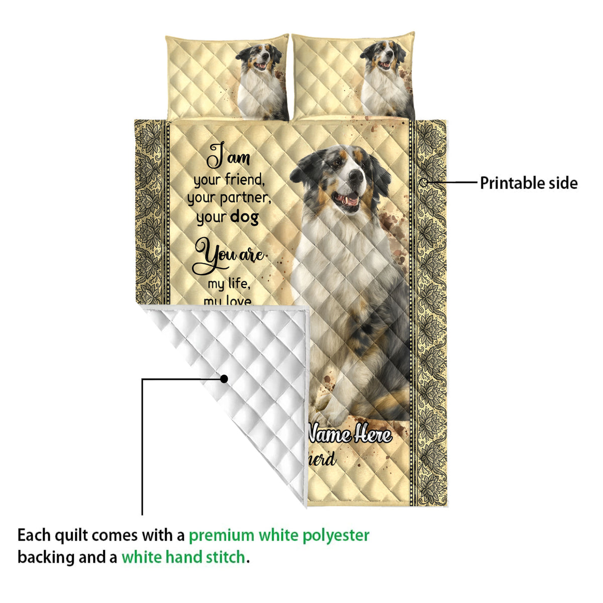 Australian Shepherd quilt showing the printed front, quilted reverse, and detailed dog portrait artwork