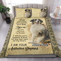 Australian Shepherd quilt blanket styled in a bright bedroom with dog portrait artwork and decorative borders