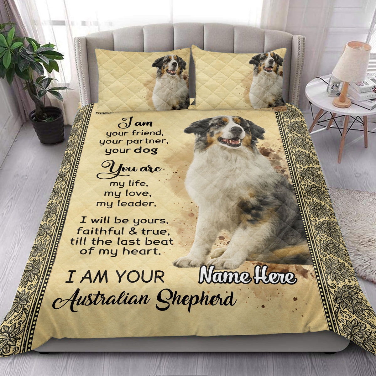 Australian Shepherd quilt blanket styled in a bright bedroom with dog portrait artwork and decorative borders
