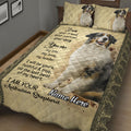 Australian Shepherd quilt bedding set shown on a bed with large dog artwork and heartfelt decorative design
