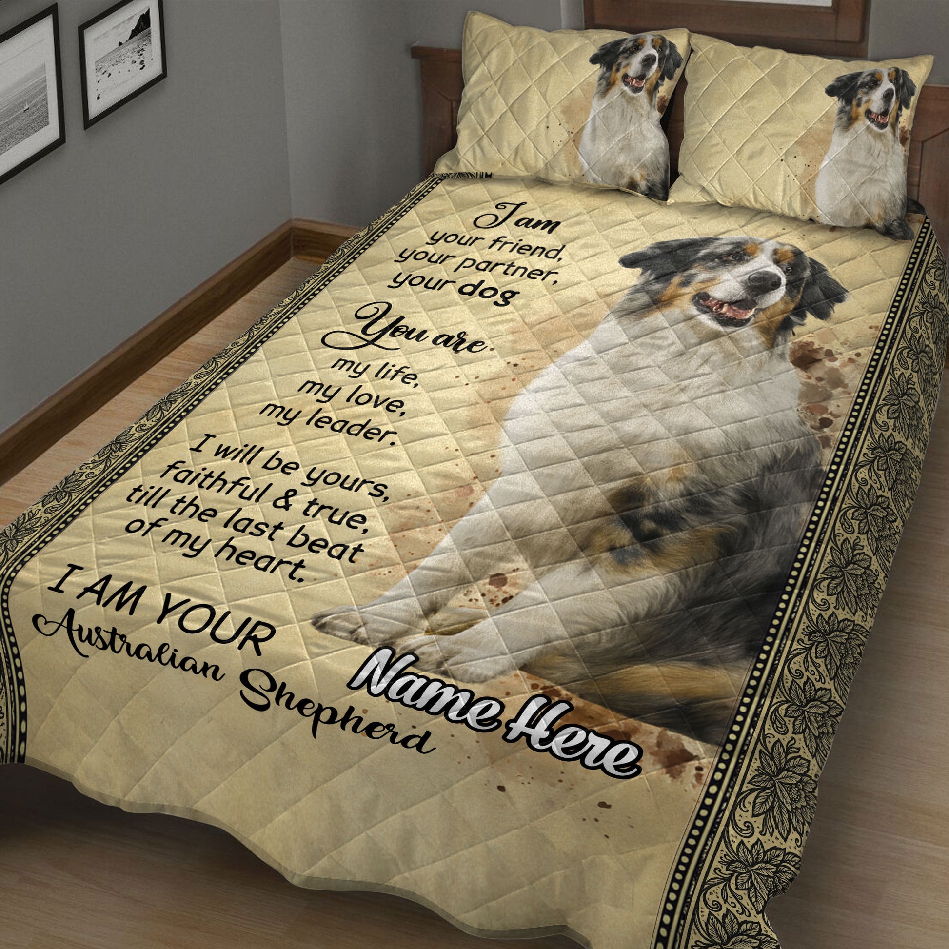 Australian Shepherd quilt bedding set shown on a bed with large dog artwork and heartfelt decorative design