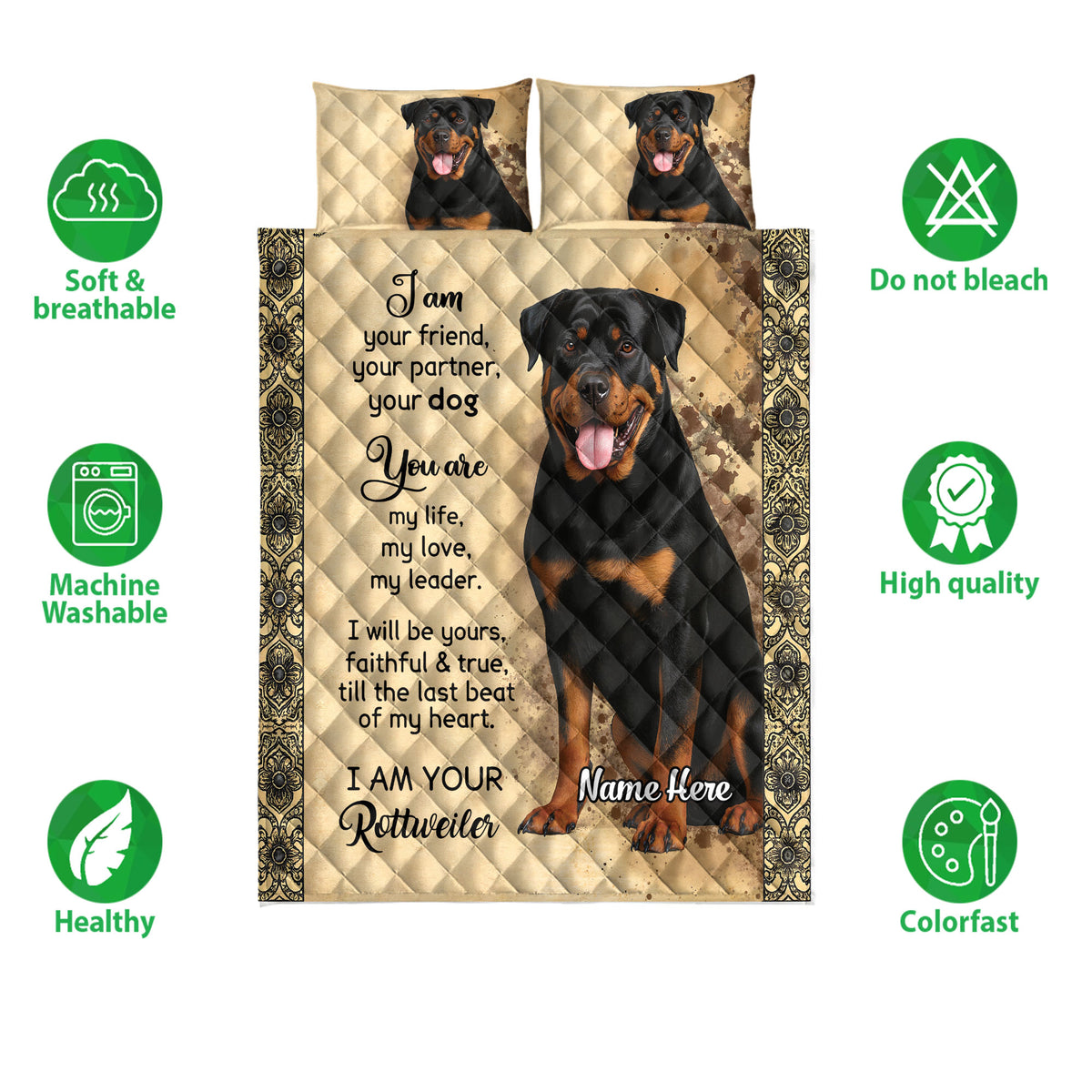 Rottweiler quilt bedding set shown with matching dog artwork, tan diamond quilting, and decorative black borders