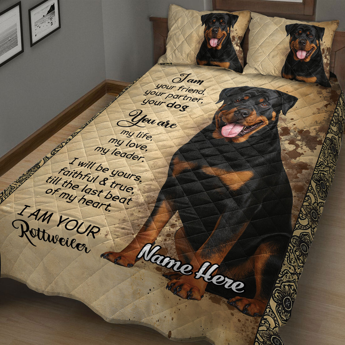 Close bedroom view of a Rottweiler quilt blanket featuring large black-and-rust dog artwork and tan decorative borders