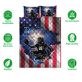 Softball catcher quilt bedding set shown with feature icons and bold red, white, and blue artwork