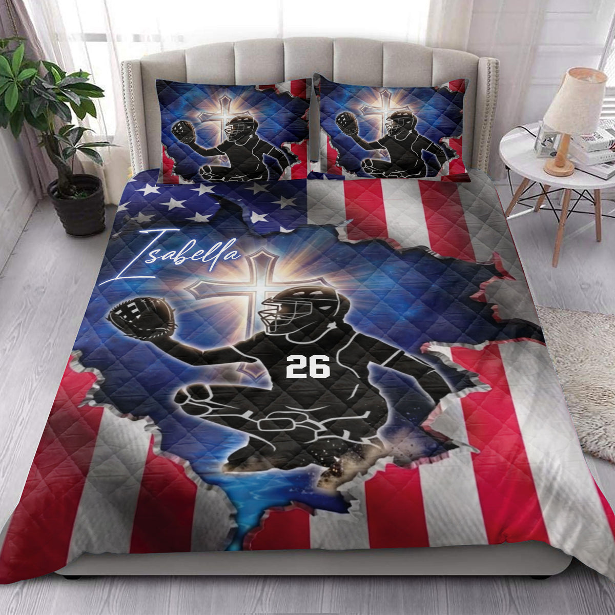 Softball catcher quilt blanket styled in a bright bedroom with matching sports artwork