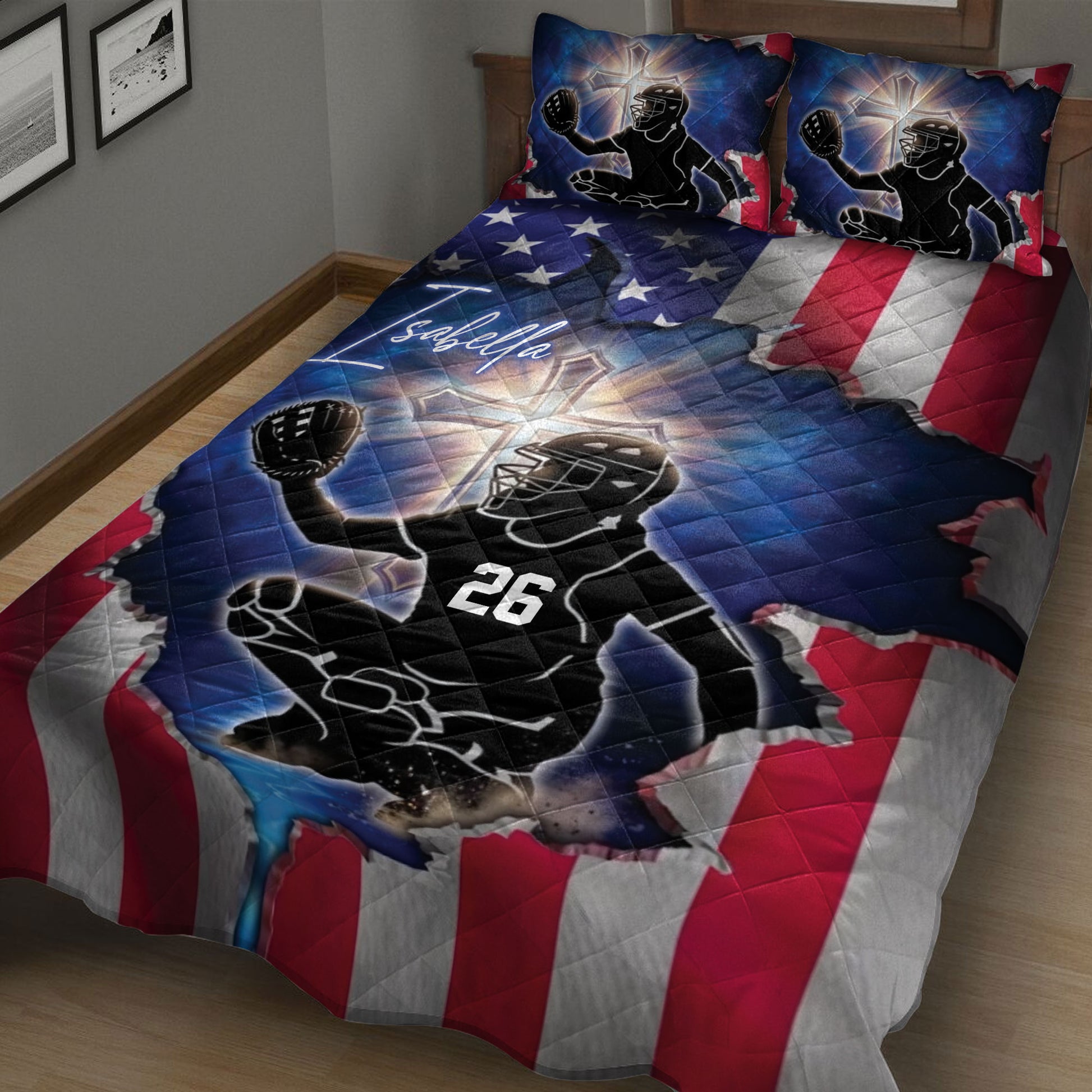 Close bedroom view of softball catcher quilt blanket with patriotic colors and action artwork