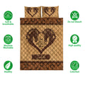 Horse quilt bedding set shown front-facing with paired horse designs, brown western colors, and feature icons