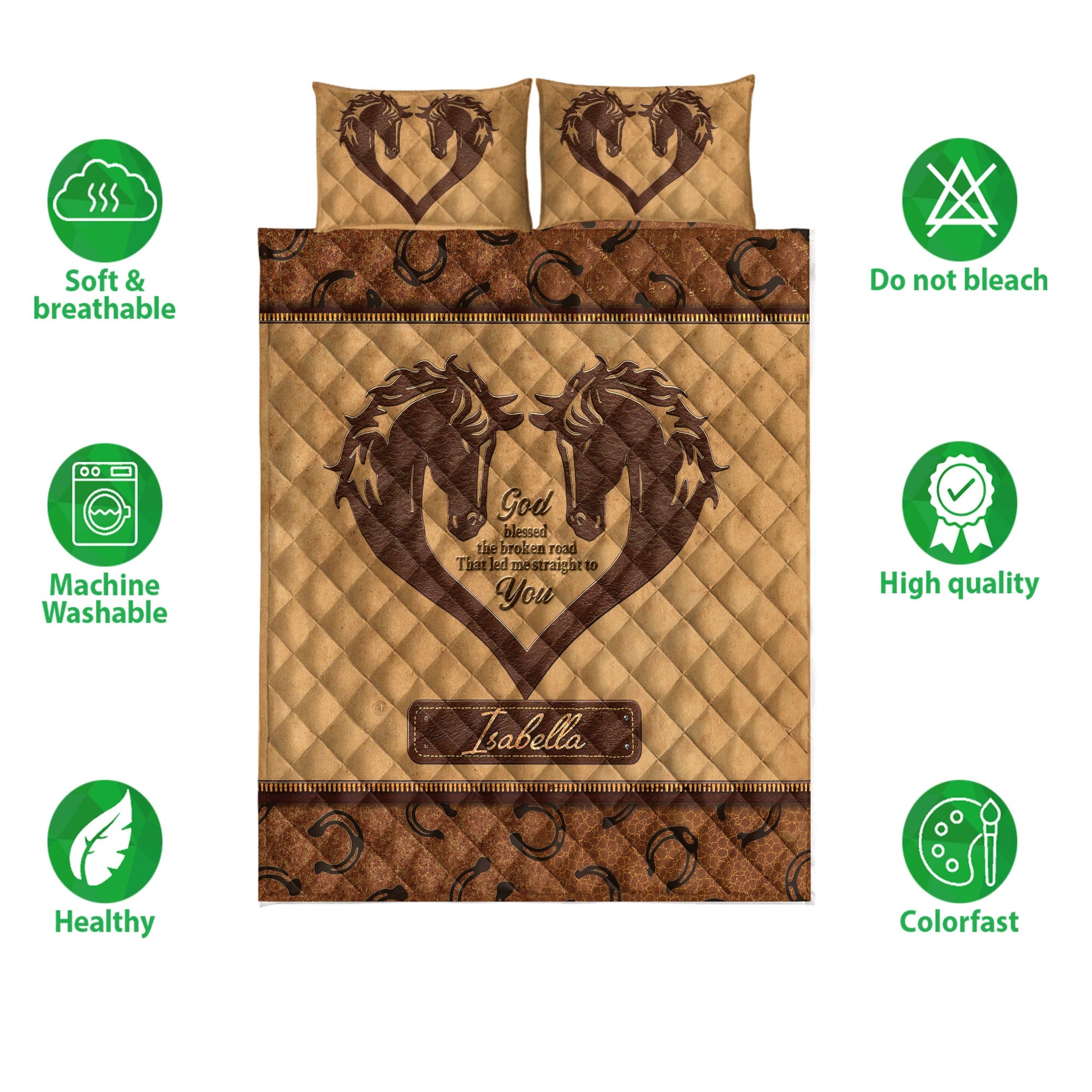 Horse quilt bedding set shown front-facing with paired horse designs, brown western colors, and feature icons