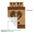 Horse quilt blanket detail showing the printed side, quilted white backing, and large brown horse artwork