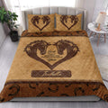 Horse quilt bedding set styled in a bright bedroom with matching horse heart artwork and rustic western details