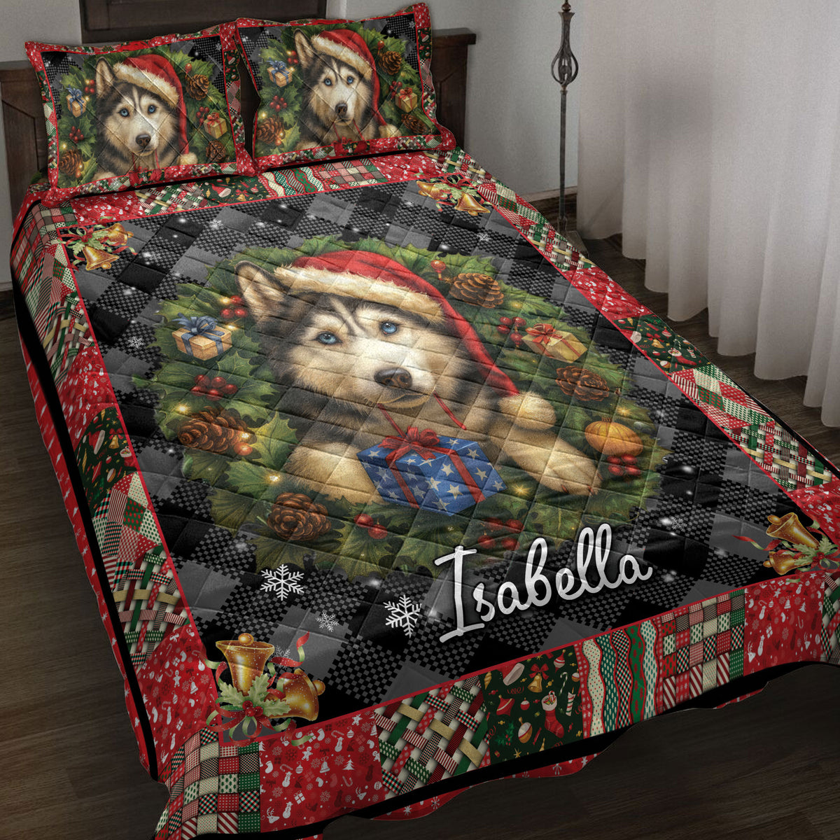Husky quilt blanket displayed on a bed with Christmas gifts, holly, snowflakes, and festive patchwork borders