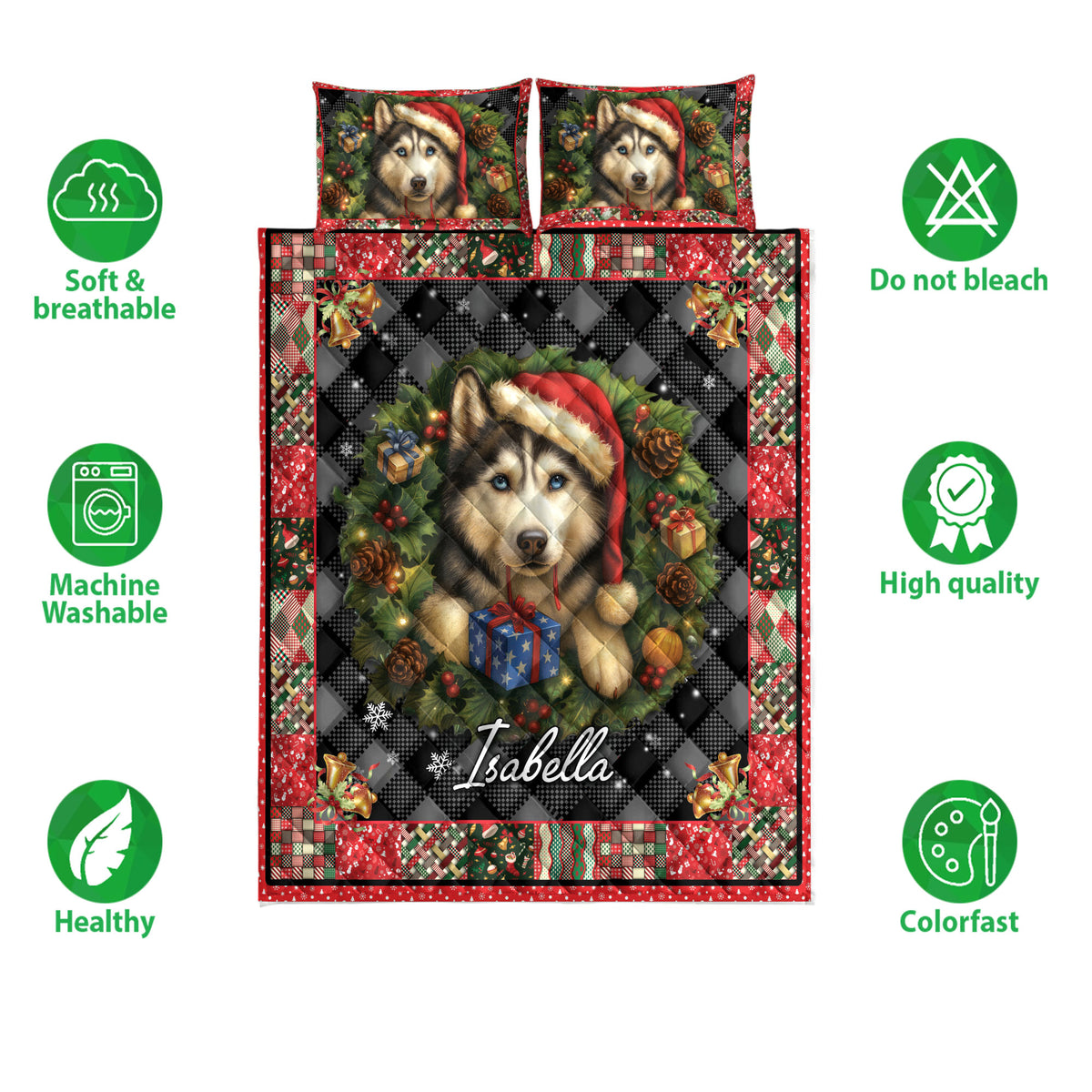 Husky Christmas quilt bedding set shown with festive artwork and soft breathable product feature icons