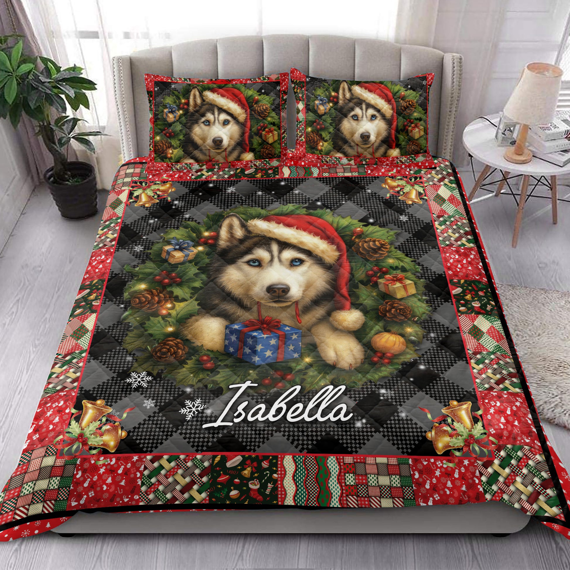 Husky Christmas quilt blanket styled across a bright bedroom with matching festive pillow artwork