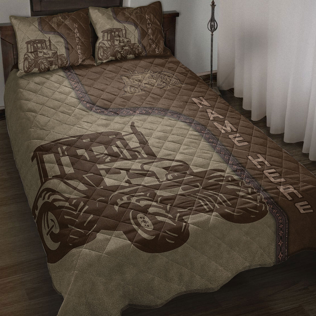 Brown tractor quilt blanket displayed on a bed with coordinating tractor artwork and rustic farm styling