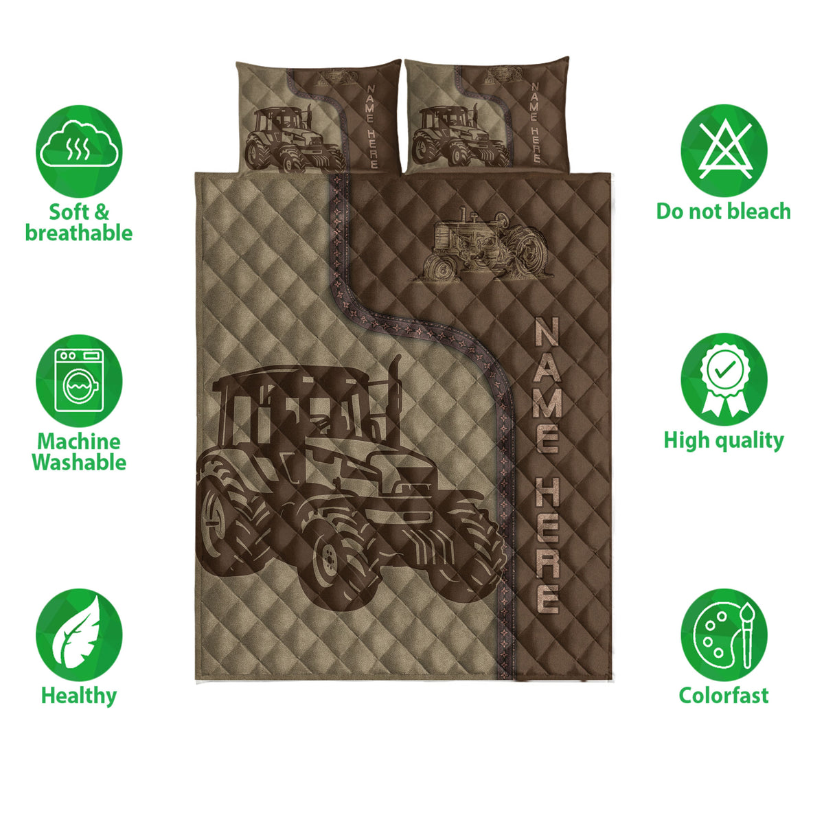 Tractor quilt bedding set shown flat with matching tractor artwork and brown diamond quilting