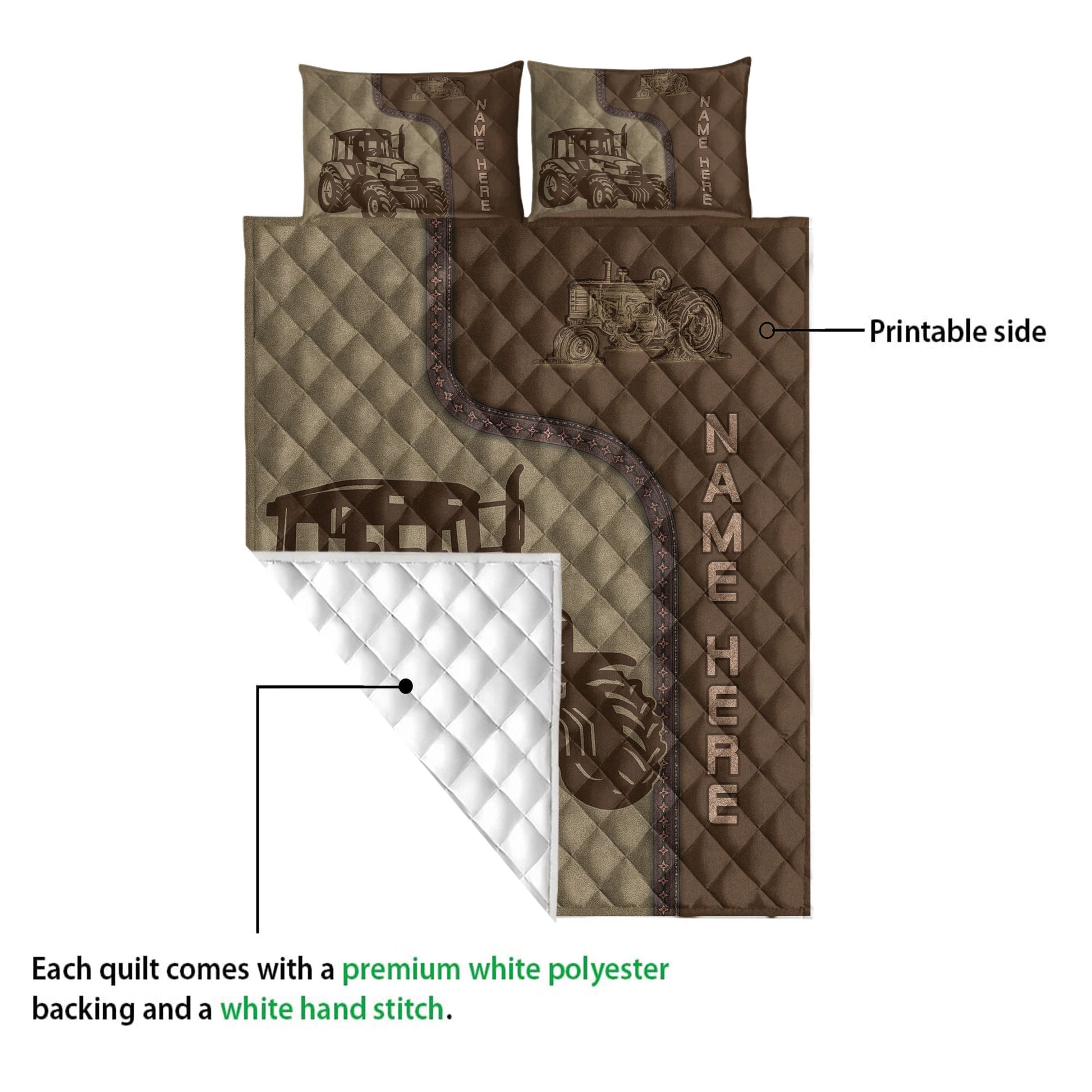 Tractor quilt blanket shown with a visible printed front and white quilted backing