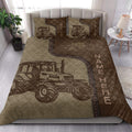 Rustic tractor quilt bedding styled in a bright bedroom with agricultural artwork