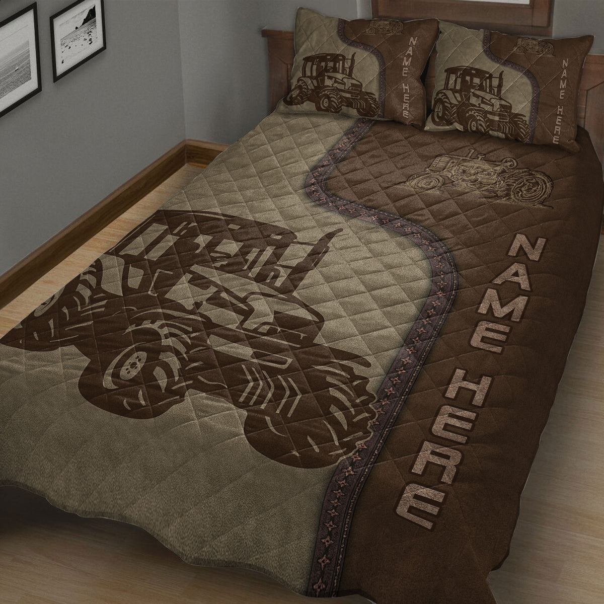 Close bedroom view of a brown tractor quilt with large farm machinery artwork