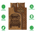 School bus quilt bedding set shown with front-facing bus artwork and product feature icons