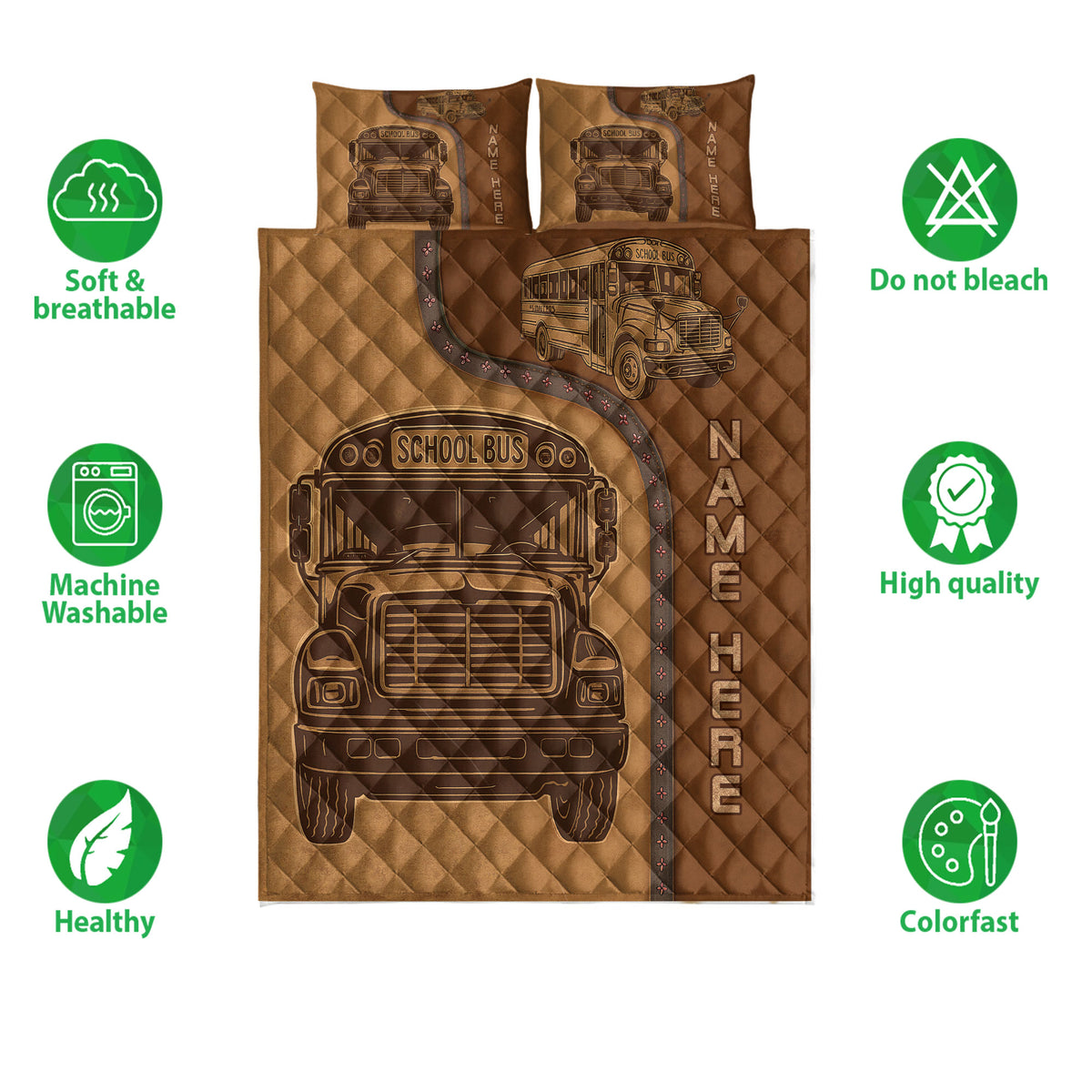 School bus quilt bedding set shown with front-facing bus artwork and product feature icons