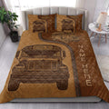 School bus driver quilt bedding styled on a bed in a bright modern bedroom