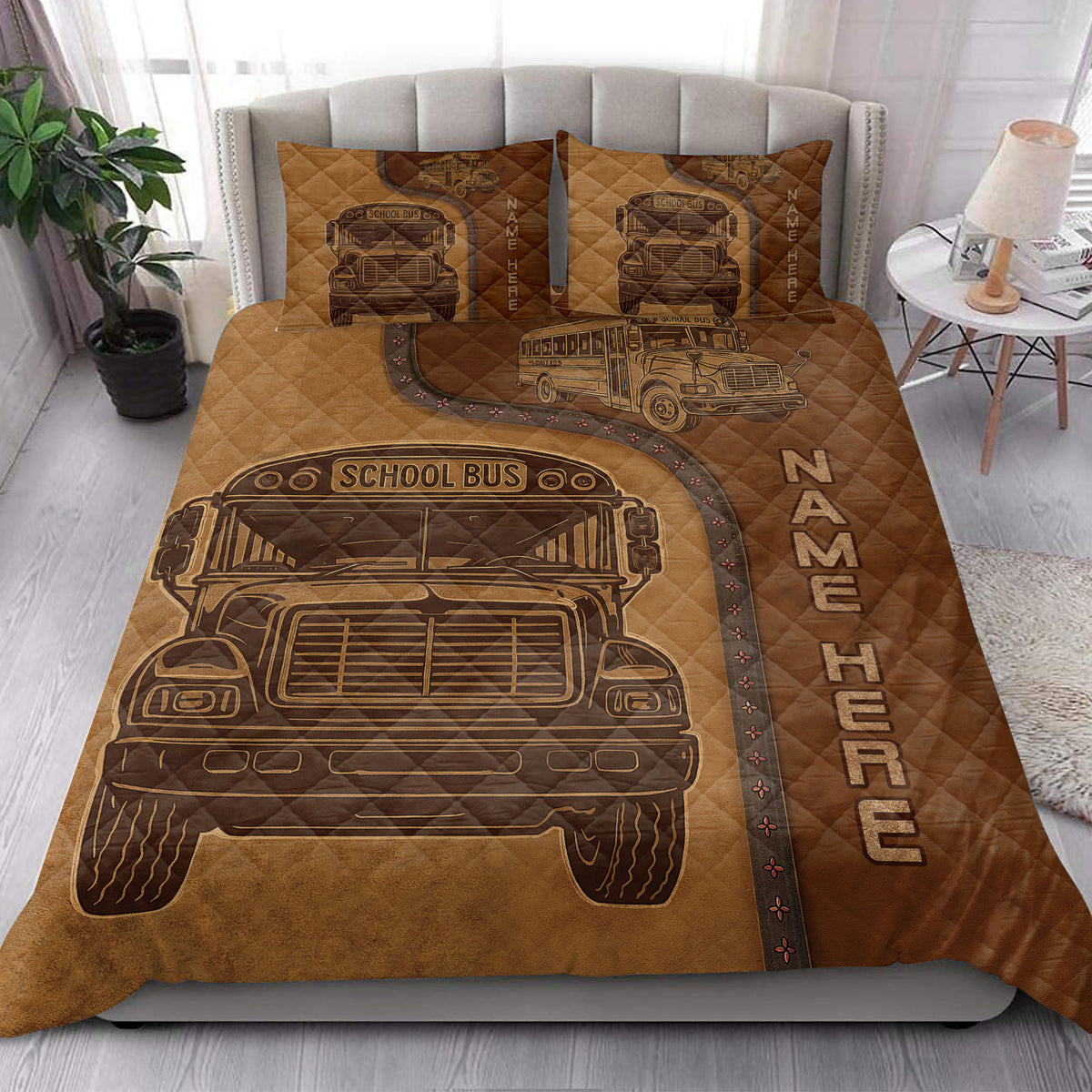 School bus driver quilt bedding styled on a bed in a bright modern bedroom