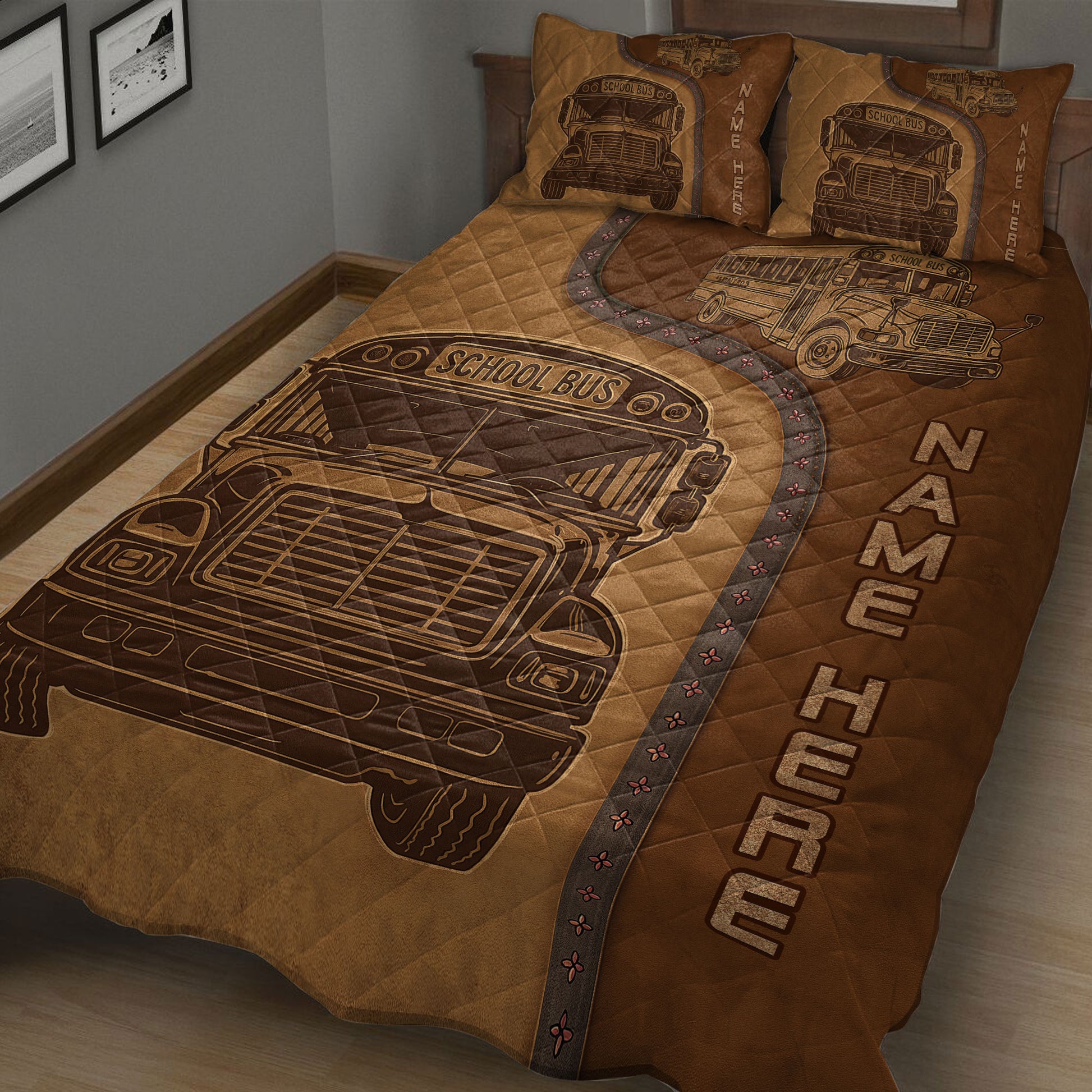 Vintage school bus quilt blanket displayed on a bed with detailed bus illustrations
