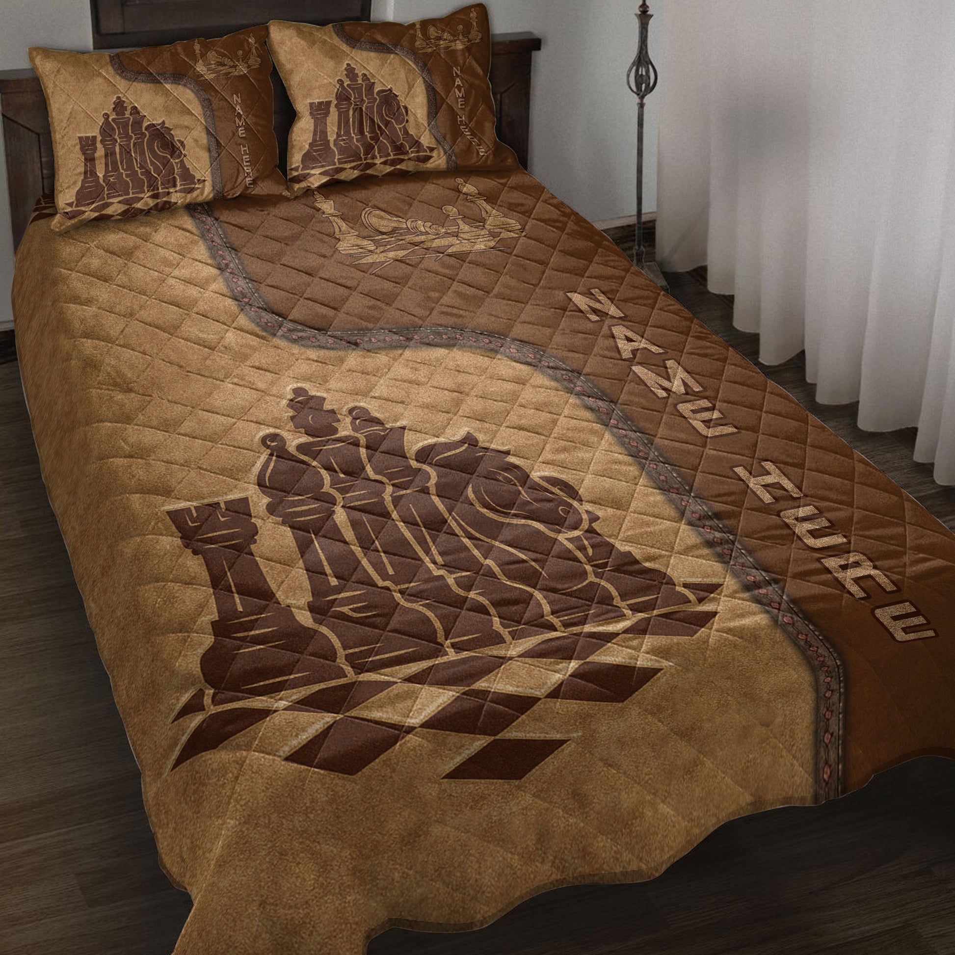 Brown chess quilt bedding set displayed on a bed with chess piece artwork and coordinating pillow designs