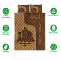 Chess quilt bedding set shown with chess piece artwork and soft breathable product feature icons