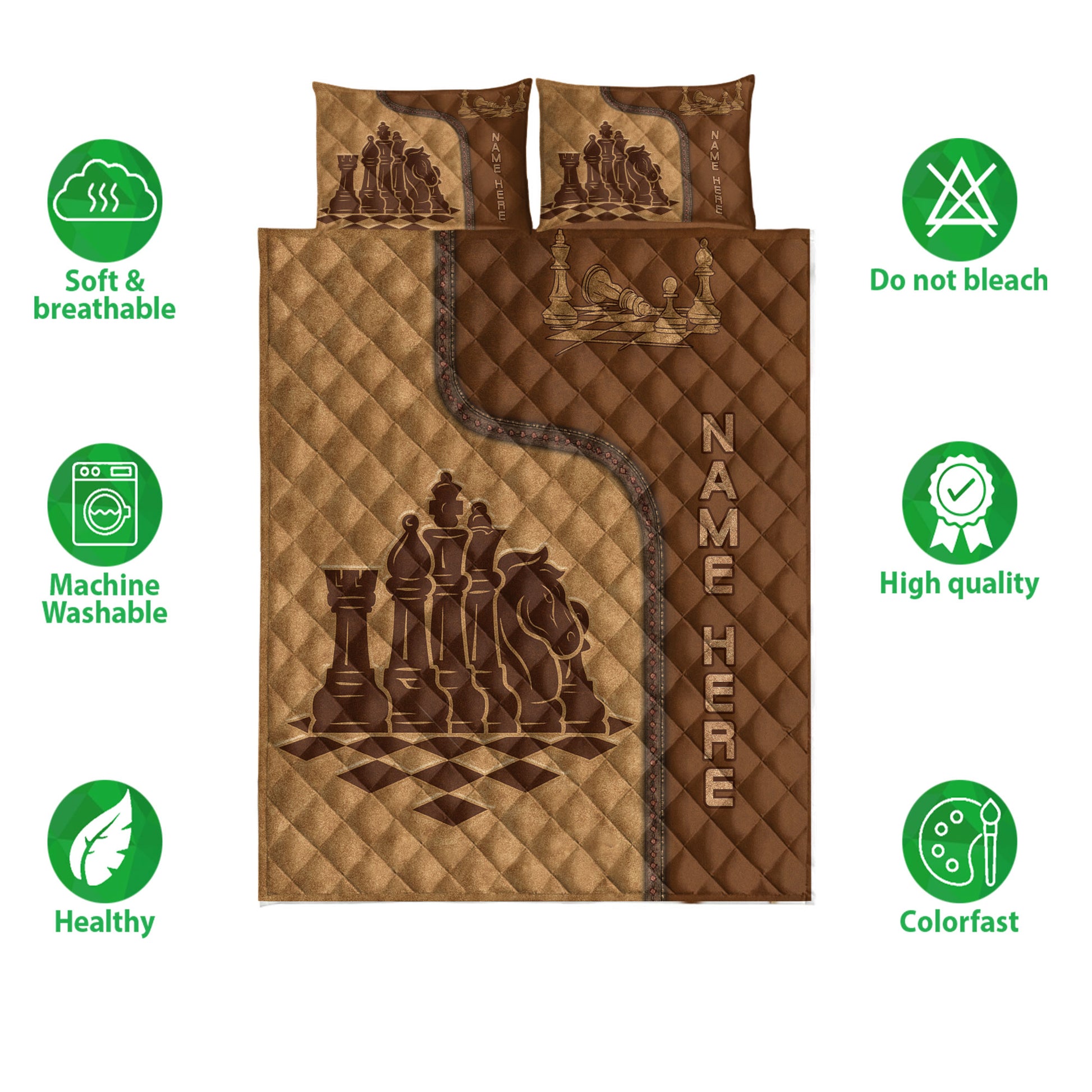 Chess quilt bedding set shown with chess piece artwork and soft breathable product feature icons