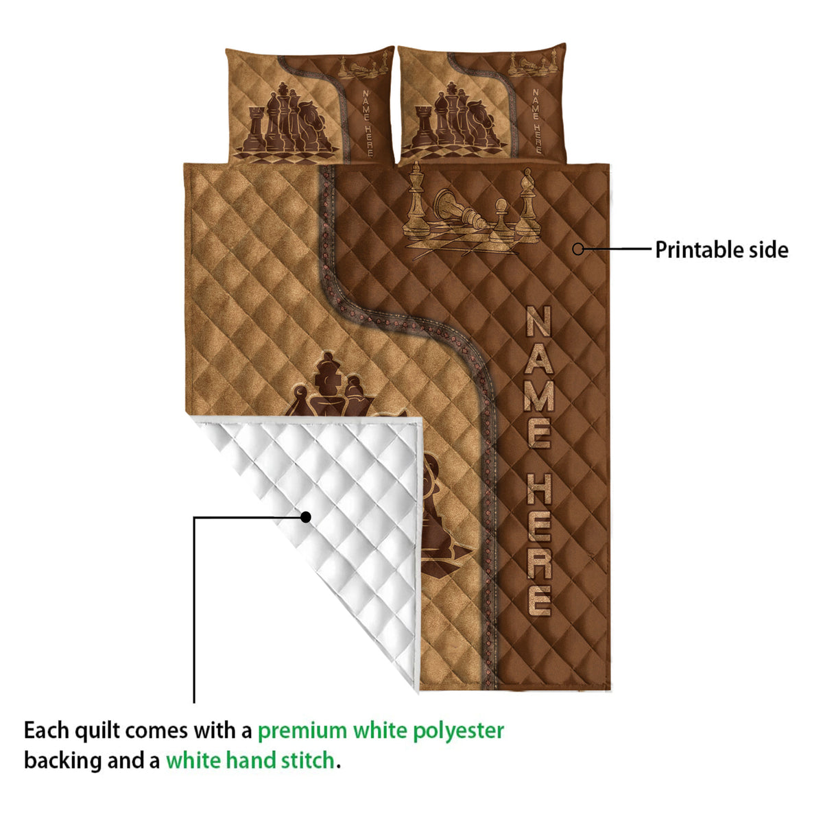 Chess quilt showing the printed front and white quilted backing in a construction detail view