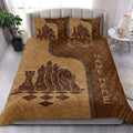 Chess quilt bedding styled in a bright bedroom with chess piece artwork and brown checkerboard details