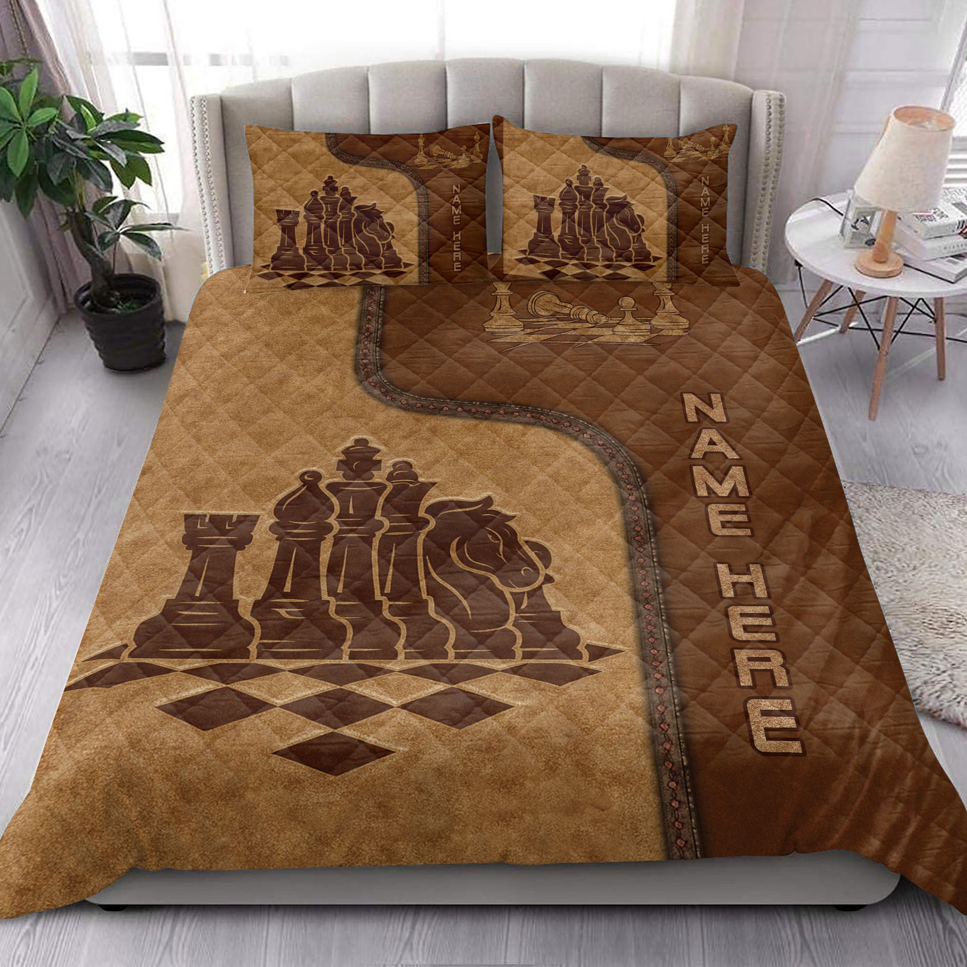 Chess quilt bedding styled in a bright bedroom with chess piece artwork and brown checkerboard details