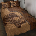 School bus driver quilt blanket displayed on a bed with brown vintage bus artwork and coordinating design